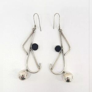 Vtg XL Sterling Onyx Modernist Kinetic Sculptural Dangle Earrings 3.75" Long!